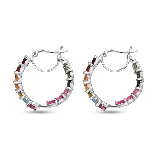 D'Joy Premium Multi Tourmaline 6.50 Ctw Shades Of Forever Hoop Earrings In Rhodium Over Sterling Silver