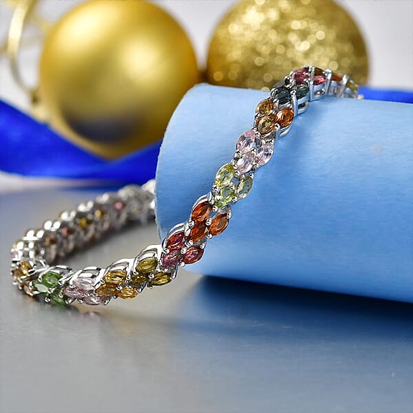D'Joy Premium Multi-Tourmaline 7.00 Ctw Rainbow Vine Bracelet In Rhodium Over Sterling Silver (6.50 In)