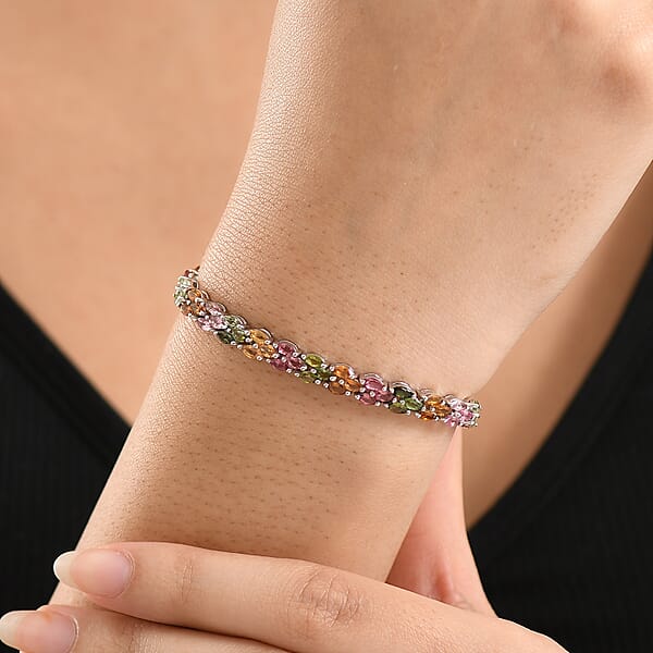 D'Joy Premium Multi-Tourmaline 7.00 Ctw Rainbow Vine Bracelet In Rhodium Over Sterling Silver (6.50 In)