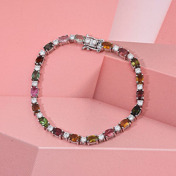 D'Joy Premium Multi-Tourmaline And Moissanite 10.25 Ctw Bracelet In Rhodium Over Sterling Silver (7.25 In)