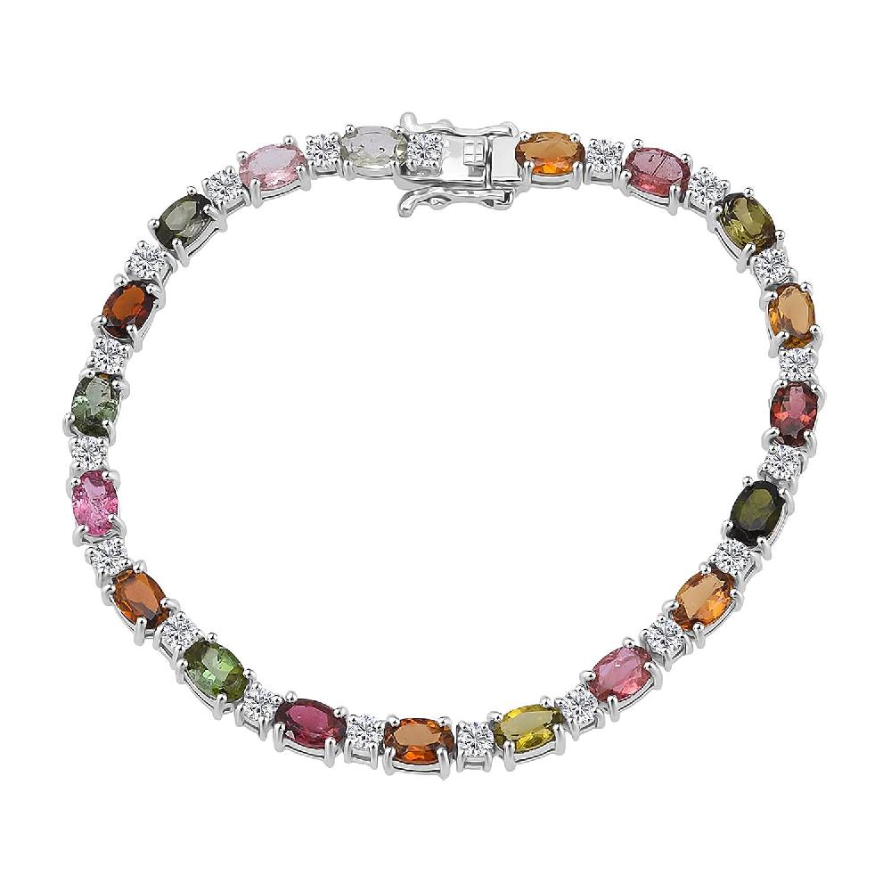 D'Joy Premium Multi-Tourmaline and Moissanite 10.25 ctw Bracelet in Rhodium Over Sterling Silver (7.25 In)