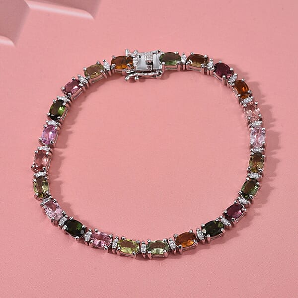 D'Joy Premium Multi-Tourmaline And Moissanite 11.00 Ctw Garden Of Lights Bracelet In Rhodium Over Sterling Silver (7.25 In)