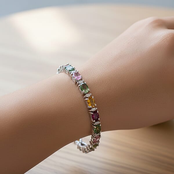 D'Joy Premium Multi-Tourmaline And Moissanite 11.00 Ctw Garden Of Lights Bracelet In Rhodium Over Sterling Silver (7.25 In)
