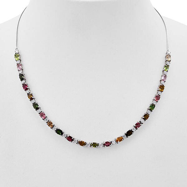 D'Joy Premium Multi-Tourmaline And Moissanite 12.50 Ctw Floral Necklace In Rhodium Over Sterling Silver 18 Inches
