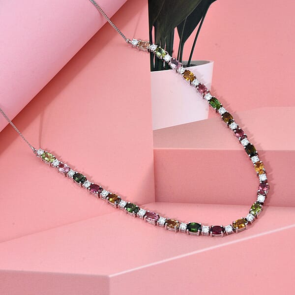 D'Joy Premium Multi-Tourmaline And Moissanite 12.50 Ctw Floral Necklace In Rhodium Over Sterling Silver 18 Inches