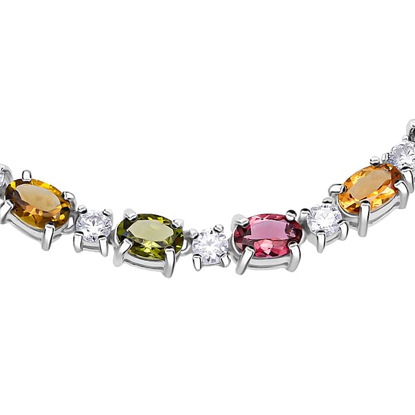 D'Joy Premium Multi-Tourmaline And Moissanite 12.50 Ctw Floral Necklace In Rhodium Over Sterling Silver 18 Inches