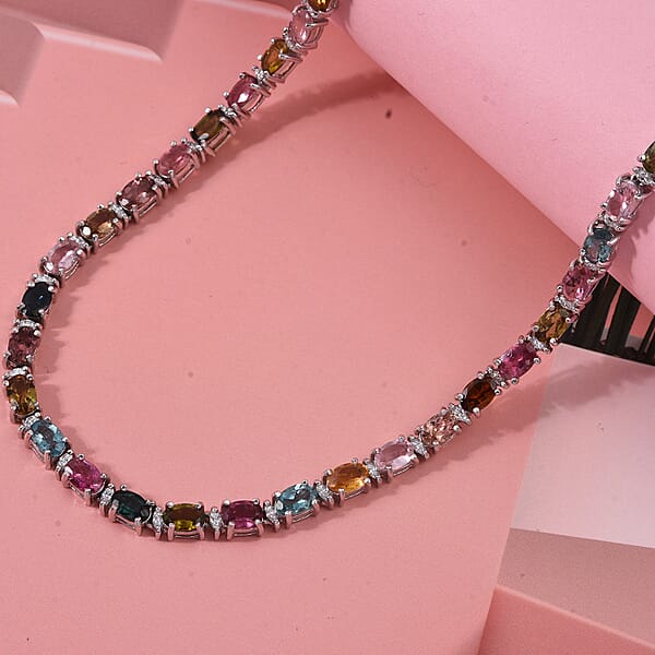 D'Joy Premium Multi-Tourmaline And Moissanite 13.90 Ctw Garden Of Lights Necklace In Rhodium Over Sterling Silver 18 Inches