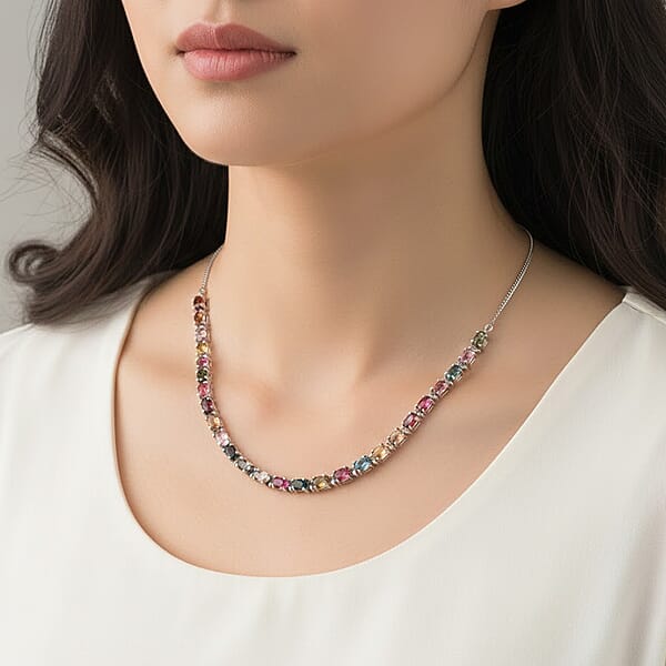 D'Joy Premium Multi-Tourmaline And Moissanite 13.90 Ctw Garden Of Lights Necklace In Rhodium Over Sterling Silver 18 Inches