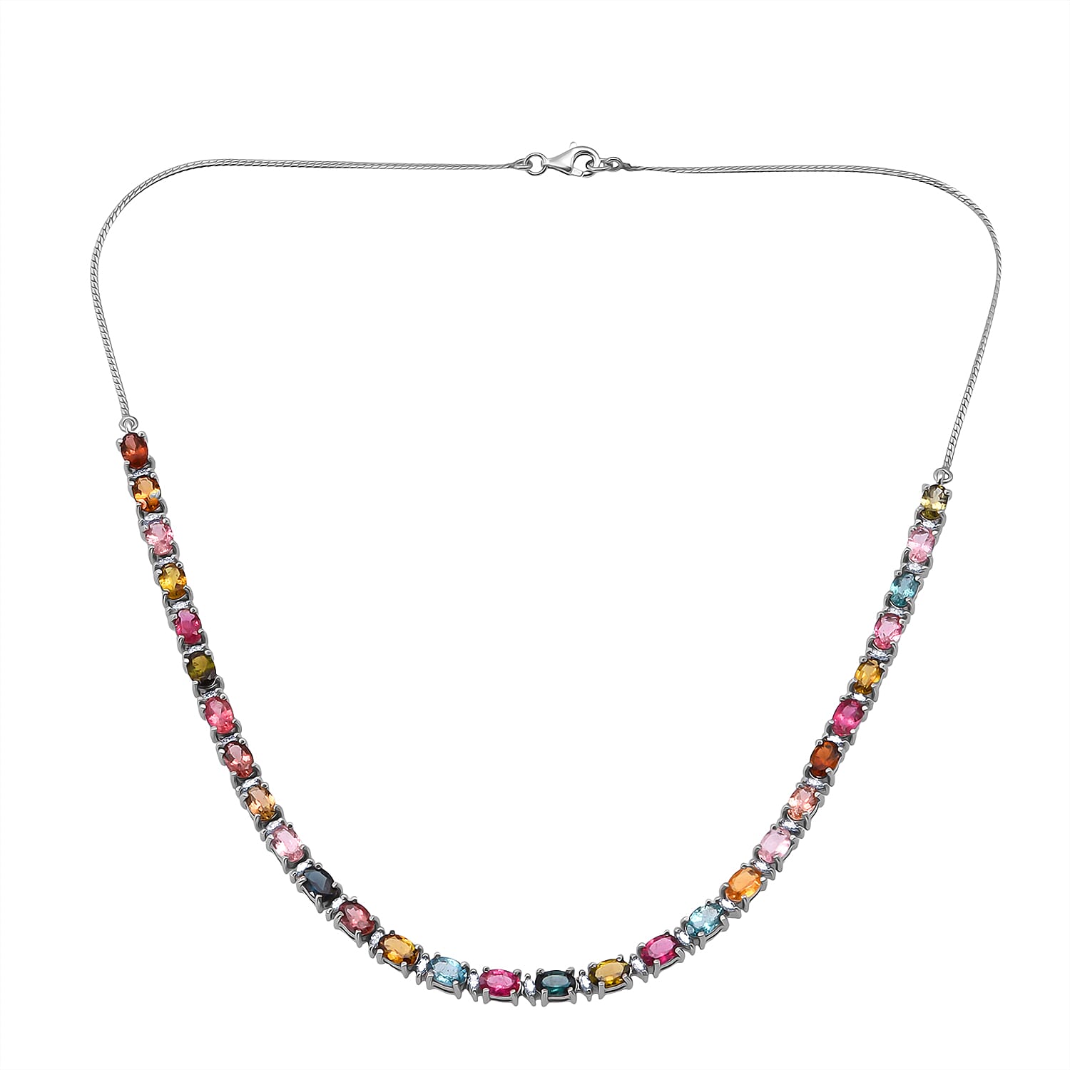 D'Joy Premium Multi-Tourmaline and Moissanite 13.90 ctw Garden of Lights Necklace in Rhodium Over Sterling Silver 18 Inches