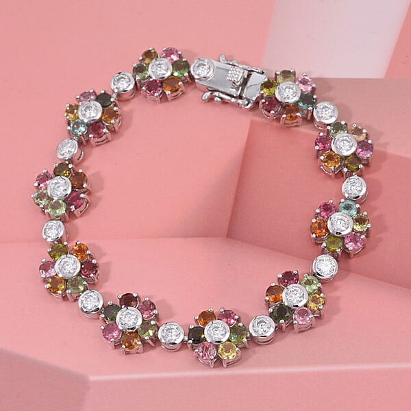 D'Joy Premium Multi-Tourmaline And Moissanite 14.70 Ctw Floral Bracelet In Rhodium Over Sterling Silver (7.25 In)