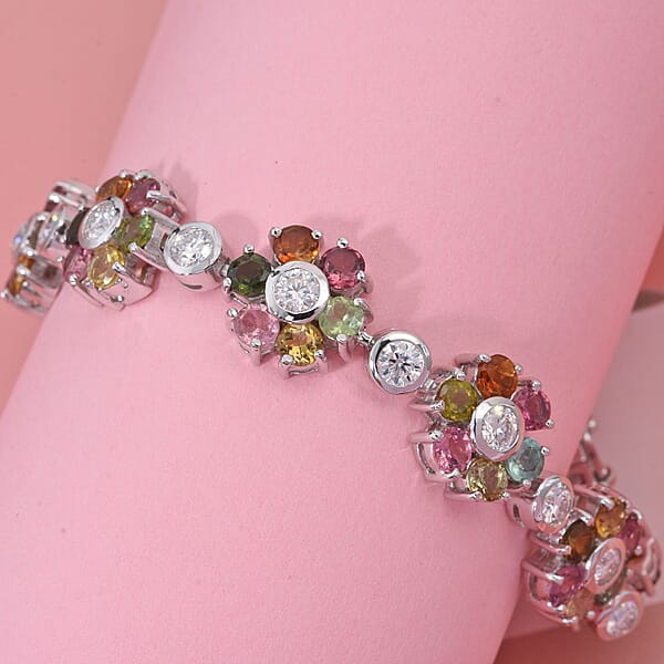 D'Joy Premium Multi-Tourmaline And Moissanite 14.70 Ctw Floral Bracelet In Rhodium Over Sterling Silver (7.25 In)