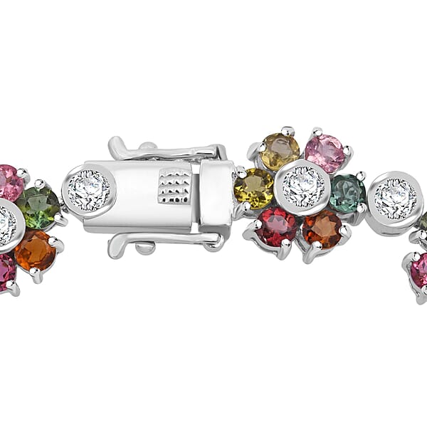 D'Joy Premium Multi-Tourmaline And Moissanite 14.70 Ctw Floral Bracelet In Rhodium Over Sterling Silver (7.25 In)