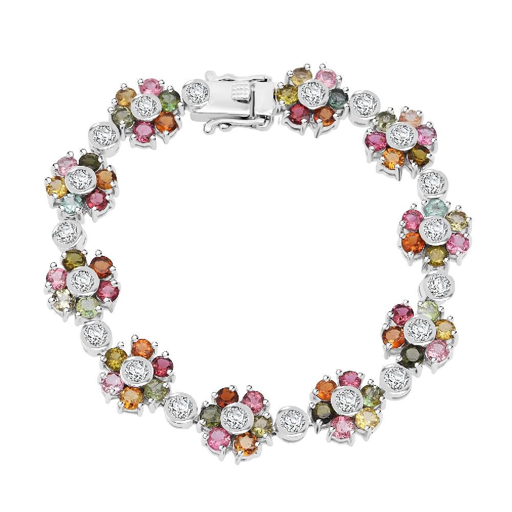 D'Joy Premium Multi-Tourmaline and Moissanite 14.70 ctw Floral Bracelet in Rhodium Over Sterling Silver (7.25 In)