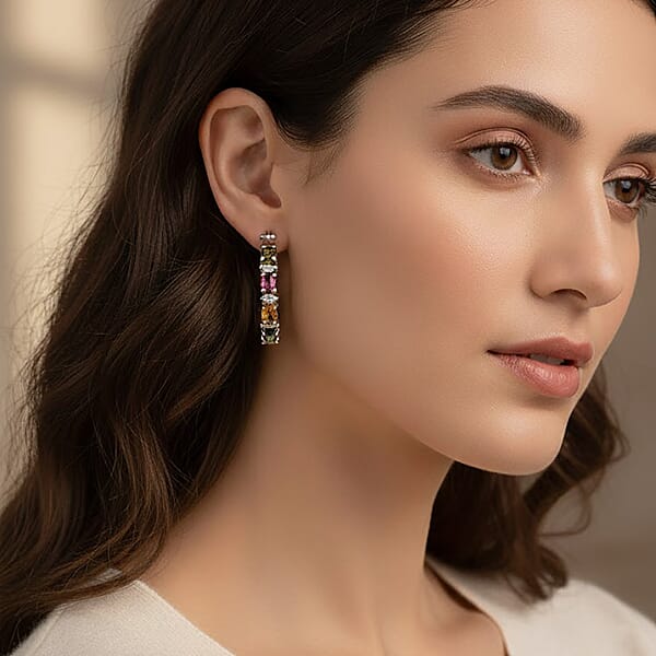 D'Joy Premium Multi Tourmaline And Moissanite 2.90 Ctw Garden Of Lights Earrings In Rhodium Over Sterling Silver