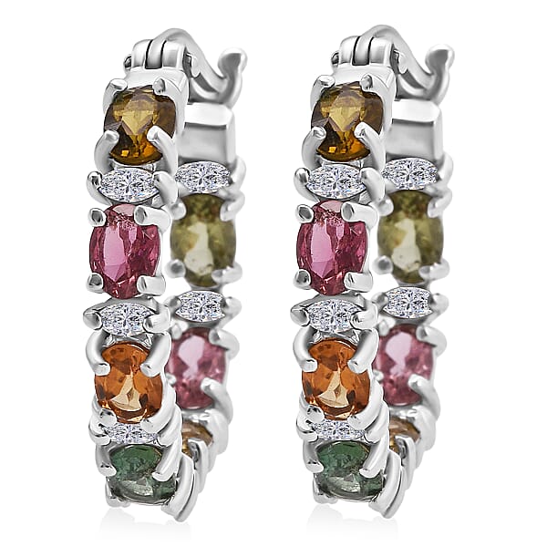 D'Joy Premium Multi Tourmaline And Moissanite 2.90 Ctw Garden Of Lights Earrings In Rhodium Over Sterling Silver
