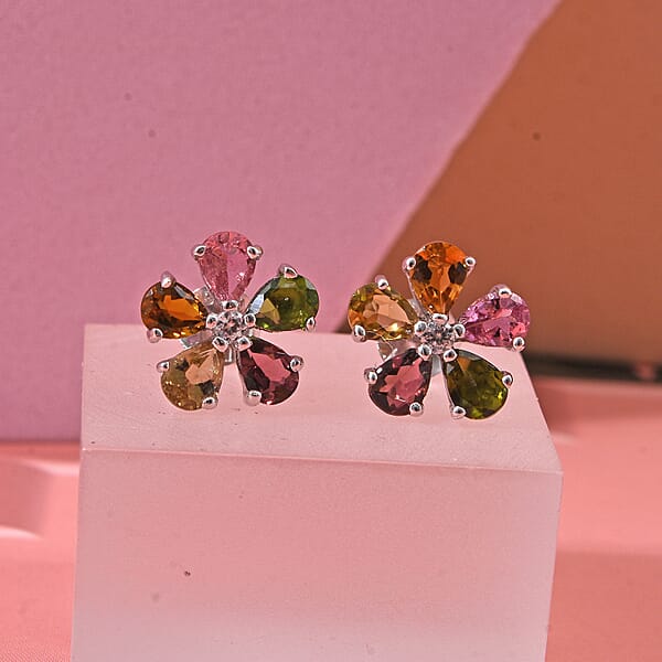 D'Joy Premium Multi-Tourmaline And White Zircon 1.60 Ctw Colorburst Flower Stud Earrings In Rhodium Over Sterling Silver