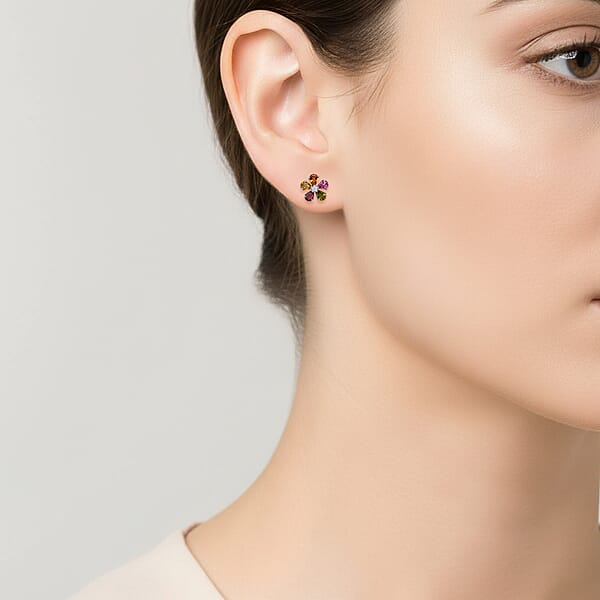 D'Joy Premium Multi-Tourmaline And White Zircon 1.60 Ctw Colorburst Flower Stud Earrings In Rhodium Over Sterling Silver