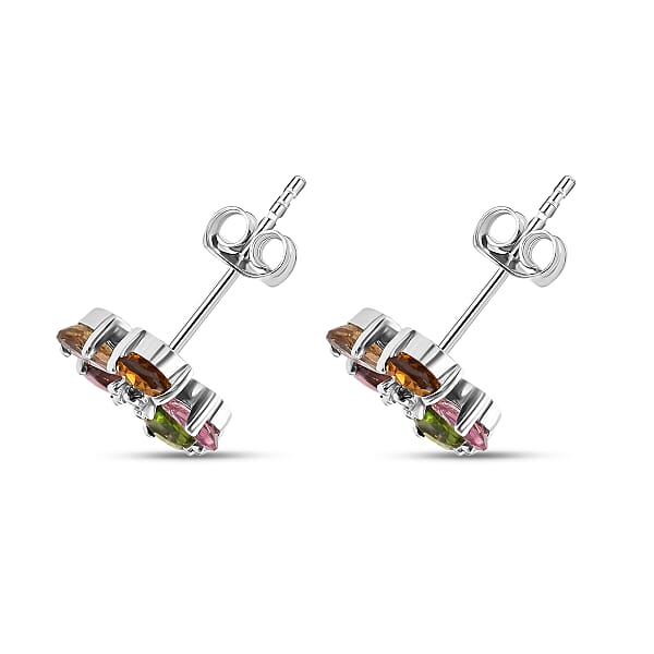 D'Joy Premium Multi-Tourmaline And White Zircon 1.60 Ctw Colorburst Flower Stud Earrings In Rhodium Over Sterling Silver