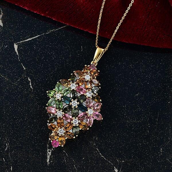 D'Joy Premium Multi-Tourmaline And White Zircon 10.75 Ctw Bunch Of Flowers Pendant Necklace In 18K Vermeil Yellow Gold Over Sterling Silver 20 Inches