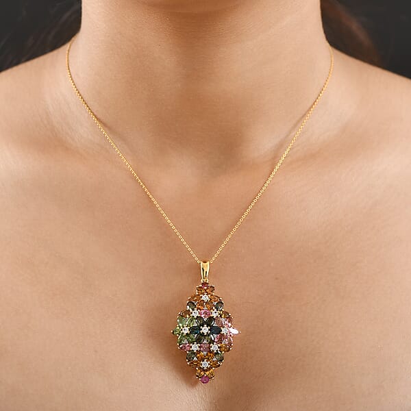 D'Joy Premium Multi-Tourmaline And White Zircon 10.75 Ctw Bunch Of Flowers Pendant Necklace In 18K Vermeil Yellow Gold Over Sterling Silver 20 Inches