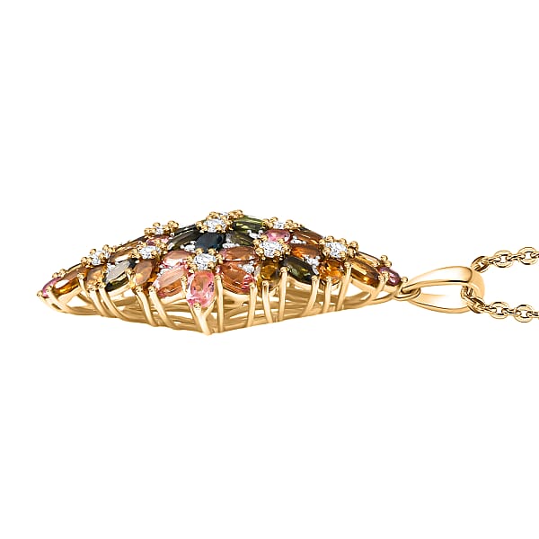 D'Joy Premium Multi-Tourmaline And White Zircon 10.75 Ctw Bunch Of Flowers Pendant Necklace In 18K Vermeil Yellow Gold Over Sterling Silver 20 Inches