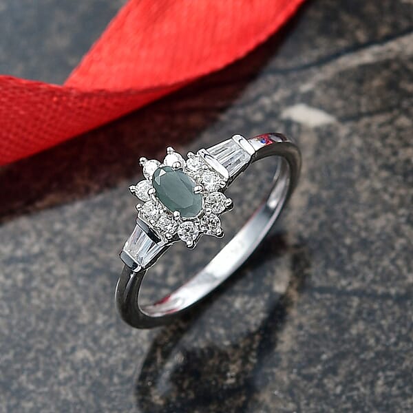 D'Joy Premium Narsipatnam Alexandrite And White Zircon 0.90 Ctw Regal Blossom Ring In Rhodium Over Sterling Silver