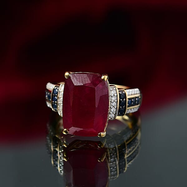 D'Joy Premium Niassa Ruby (FF) And Multi Gemstone 11.60 Ctw Crimson Flower Ring In 18K Vermeil Yellow Gold Over Sterling Silver