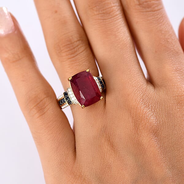 D'Joy Premium Niassa Ruby (FF) And Multi Gemstone 11.60 Ctw Crimson Flower Ring In 18K Vermeil Yellow Gold Over Sterling Silver