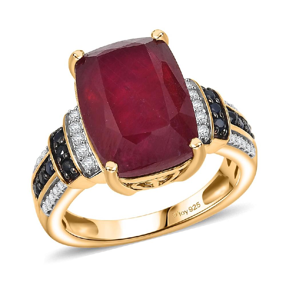 D'Joy Premium Niassa Ruby (FF) and Multi Gemstone 11.60 ctw Crimson Flower Ring in 18K Vermeil Yellow Gold Over Sterling Silver