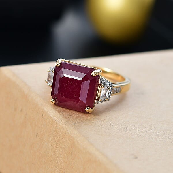 D'Joy Premium Niassa Ruby (FF) And White Zircon 14.30 Ctw Majestic Empress Ring In 18K Vermeil Yellow Gold Over Sterling Silver
