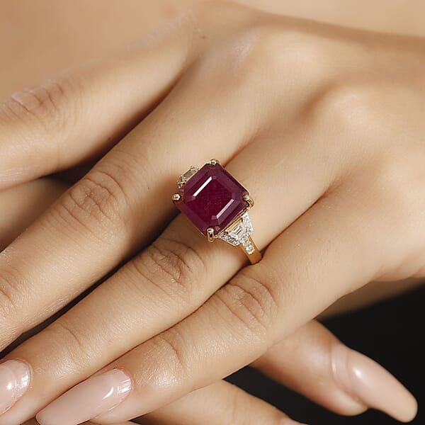 D'Joy Premium Niassa Ruby (FF) And White Zircon 14.30 Ctw Majestic Empress Ring In 18K Vermeil Yellow Gold Over Sterling Silver