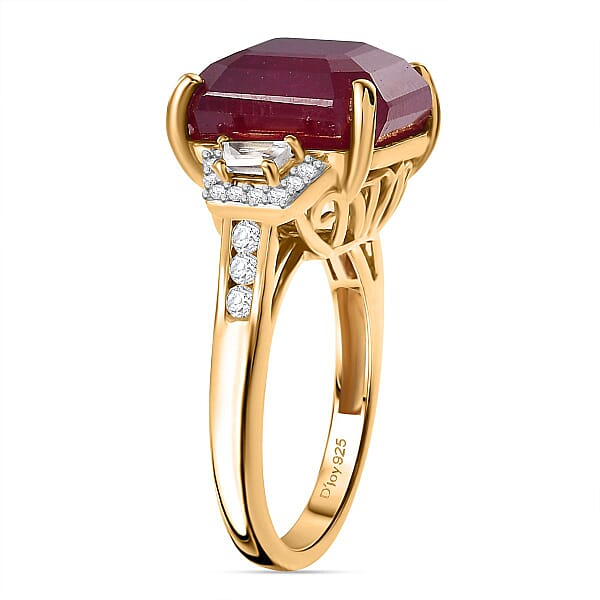 D'Joy Premium Niassa Ruby (FF) And White Zircon 14.30 Ctw Majestic Empress Ring In 18K Vermeil Yellow Gold Over Sterling Silver
