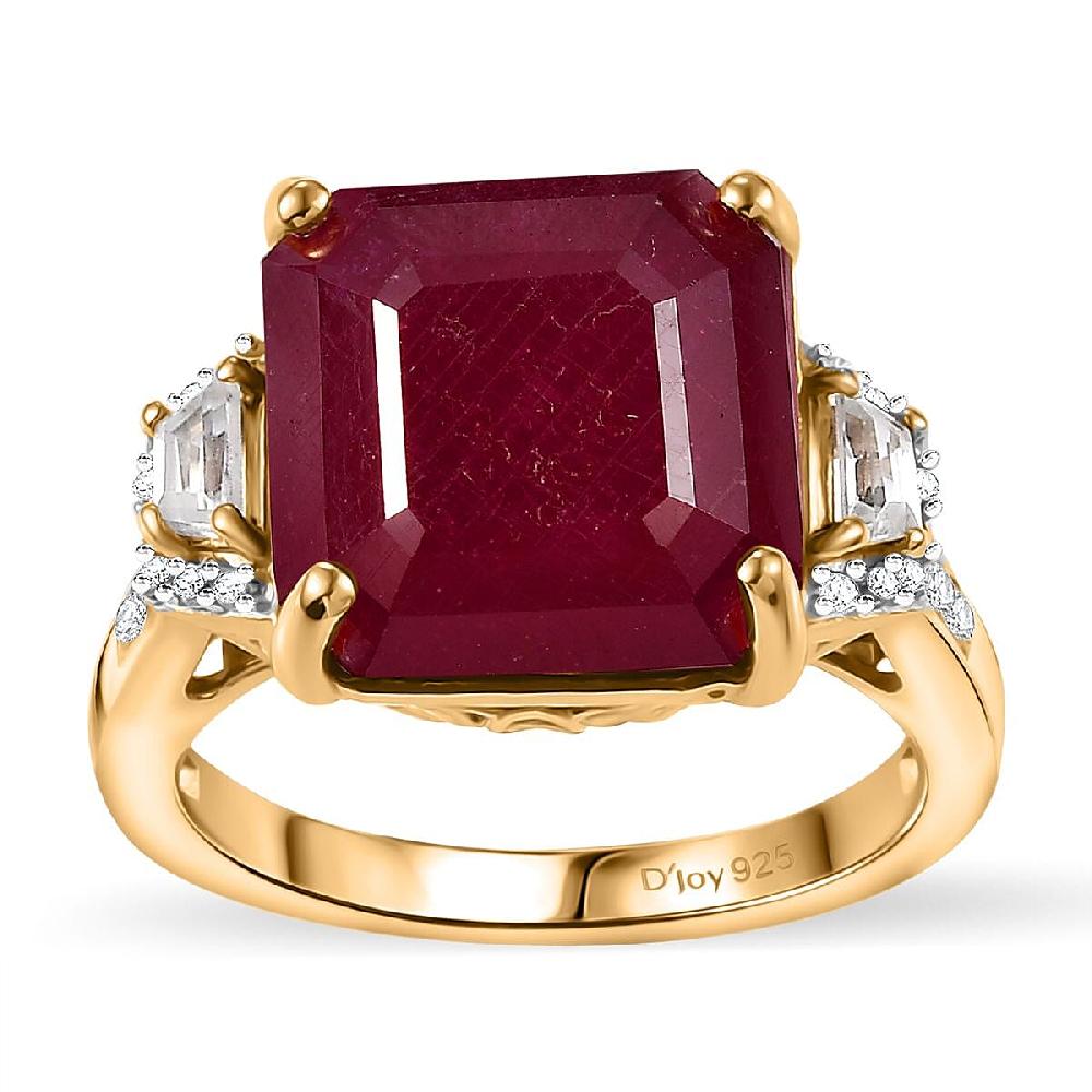 D'Joy Premium Niassa Ruby (FF) and White Zircon 14.30 ctw Majestic Empress Ring in 18K Vermeil Yellow Gold Over Sterling Silver