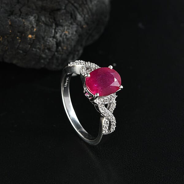 D'Joy Premium Niassa Ruby (FF) And White Zircon 3.30 Ctw Infinity Ring In Rhodium Over Sterling Silver