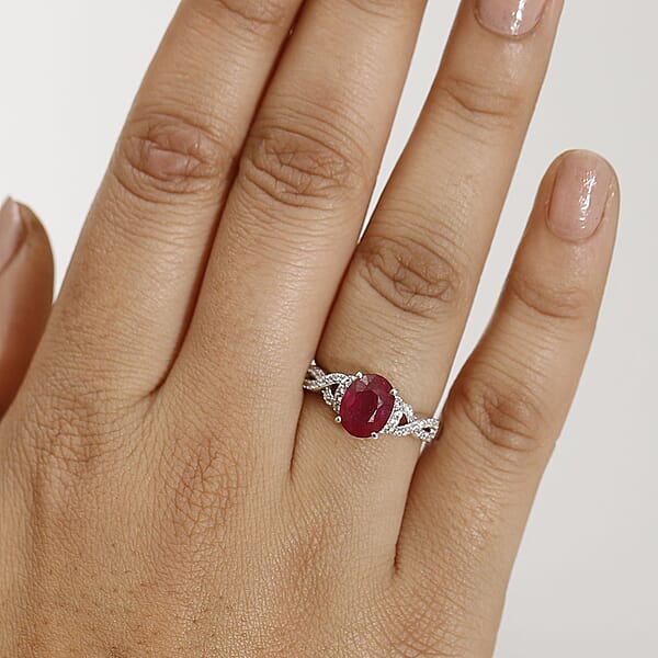 D'Joy Premium Niassa Ruby (FF) And White Zircon 3.30 Ctw Infinity Ring In Rhodium Over Sterling Silver