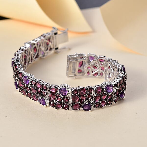 D'Joy Premium Orissa Rhodolite Garnet And African Amethyst 39.80 Ctw Cluster Bracelet In Rhodium Over Sterling Silver (7.25 In)