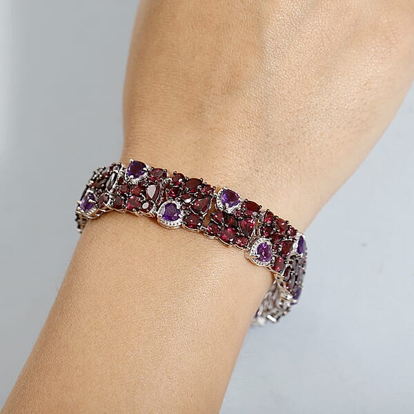 D'Joy Premium Orissa Rhodolite Garnet And African Amethyst 39.80 Ctw Cluster Bracelet In Rhodium Over Sterling Silver (7.25 In)
