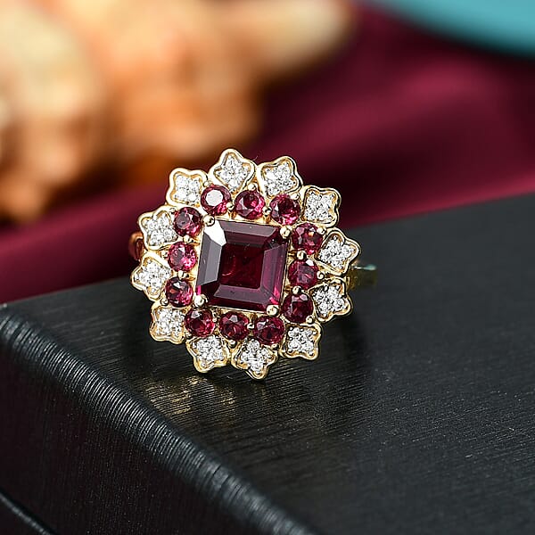 D'Joy Premium Orissa Rhodolite Garnet And White Zircon 3.50 Ctw Ring In 18K Yellow Gold Plated Sterling Silver