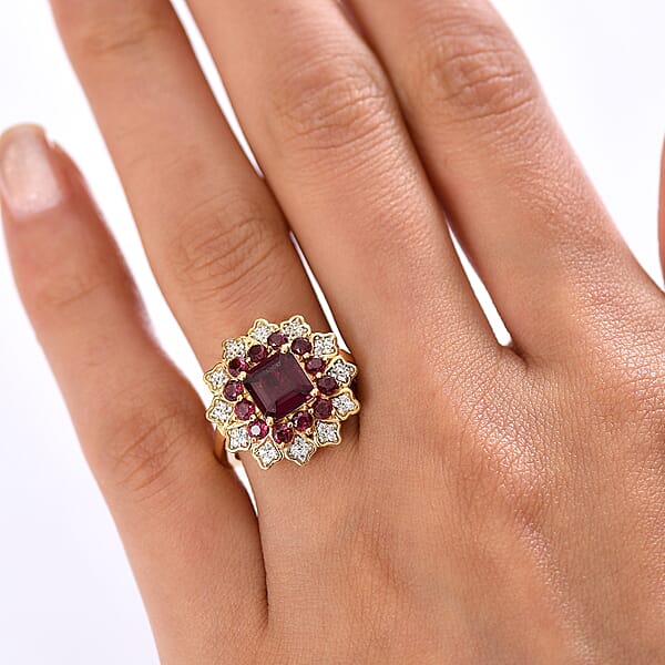 D'Joy Premium Orissa Rhodolite Garnet And White Zircon 3.50 Ctw Ring In 18K Yellow Gold Plated Sterling Silver