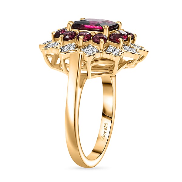 D'Joy Premium Orissa Rhodolite Garnet And White Zircon 3.50 Ctw Ring In 18K Yellow Gold Plated Sterling Silver