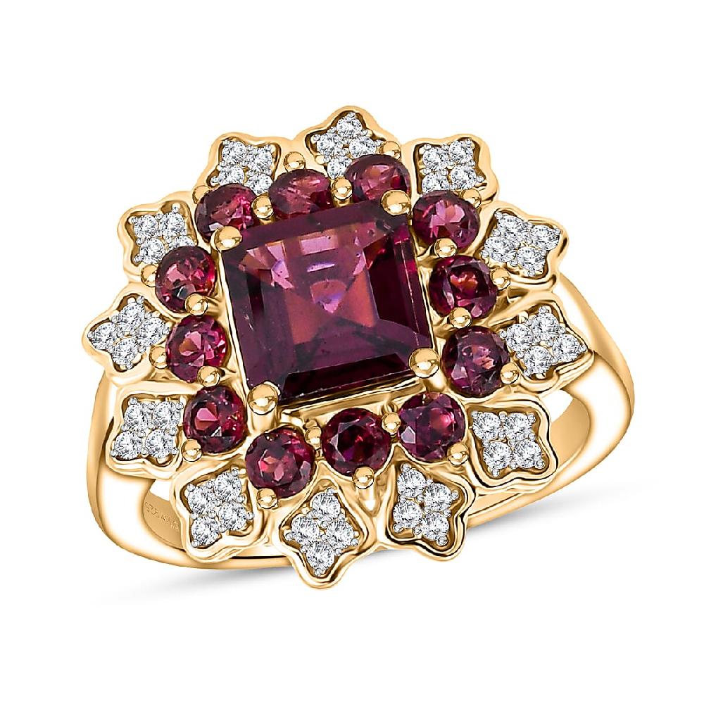 D'Joy Premium Orissa Rhodolite Garnet and White Zircon 3.50 ctw Ring in 18K Yellow Gold Plated Sterling Silver