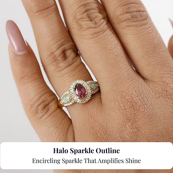 D'Joy Premium Ouro Fino Rubellite AAA Paraiba Tourmaline And Diamond 1.50 Ctw Halo Ring In 18K Vermeil Yellow Gold Over Sterling Silver