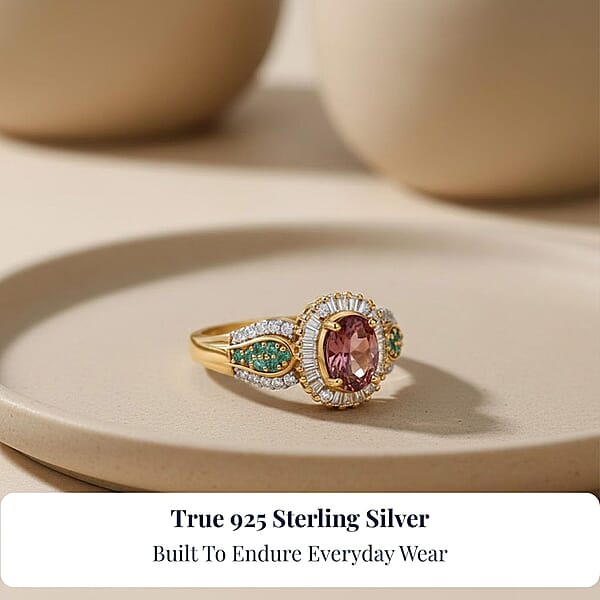 D'Joy Premium Ouro Fino Rubellite AAA Paraiba Tourmaline And Diamond 1.50 Ctw Halo Ring In 18K Vermeil Yellow Gold Over Sterling Silver