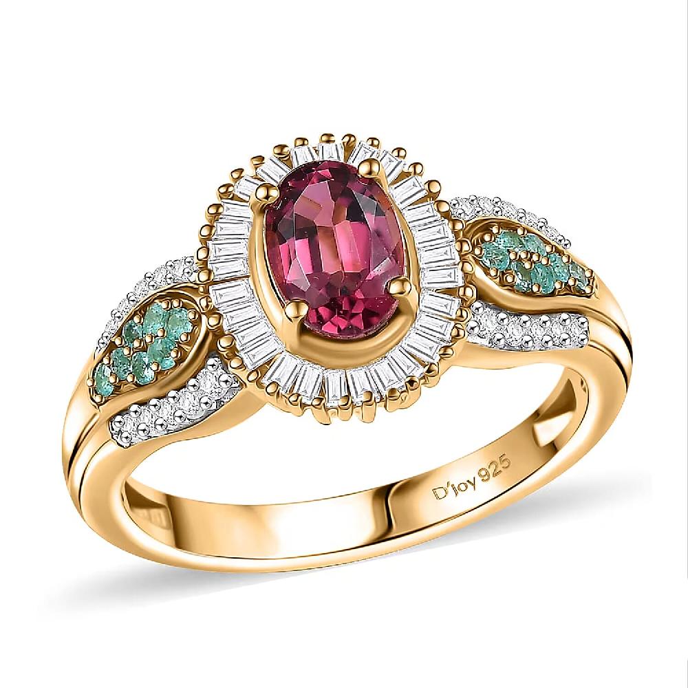 D'Joy Premium Ouro Fino Rubellite AAA Paraiba Tourmaline and Diamond 1.50 ctw Halo Ring in 18K Vermeil Yellow Gold Over Sterling Silver
