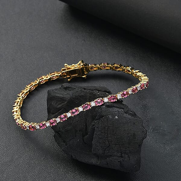 D'Joy Premium Ouro Fino Rubellite And Moissanite 5.90 Ctw Sunset Serenade Bracelet In 18K Vermeil Yellow Gold Over Sterling Silver (7.25 In)