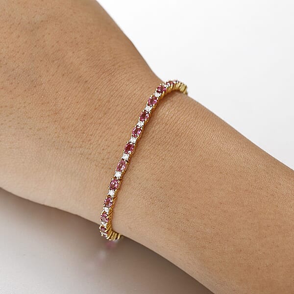 D'Joy Premium Ouro Fino Rubellite And Moissanite 5.90 Ctw Sunset Serenade Bracelet In 18K Vermeil Yellow Gold Over Sterling Silver (7.25 In)
