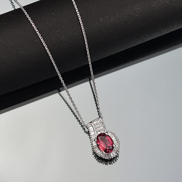 D'Joy Premium Ouro Fino Rubellite And White Diamond 1.70 Ctw Pendant Necklace In Rhodium Over Sterling Silver 20 Inches