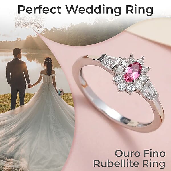 D'Joy Premium Ouro Fino Rubellite Ring White Zircon Accent Ring Sunburst Halo Ring Platinum Over Sterling Silver Ring 0.75 Ctw