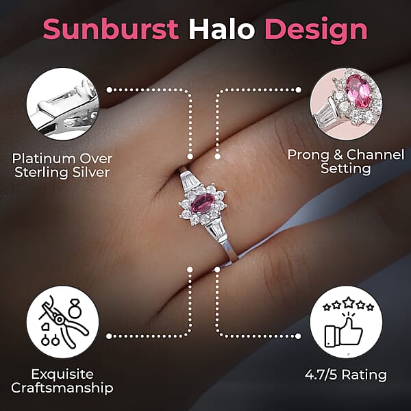 D'Joy Premium Ouro Fino Rubellite Ring White Zircon Accent Ring Sunburst Halo Ring Platinum Over Sterling Silver Ring 0.75 Ctw
