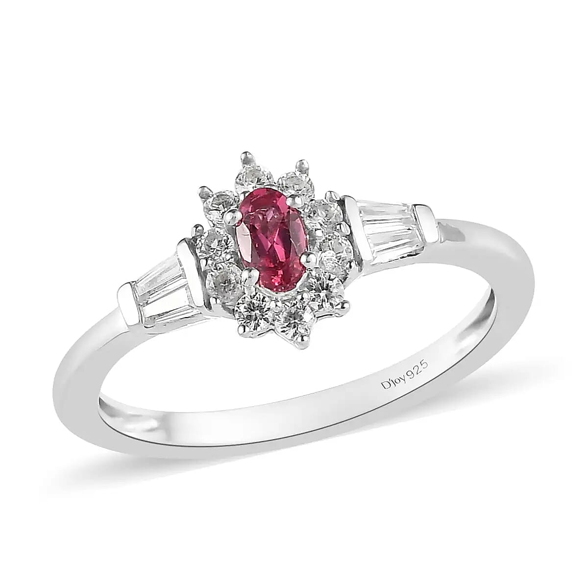 D'Joy Premium Ouro Fino Rubellite Ring White Zircon Accent Ring Sunburst Halo Ring Platinum Over Sterling Silver Ring 0.75 ctw
